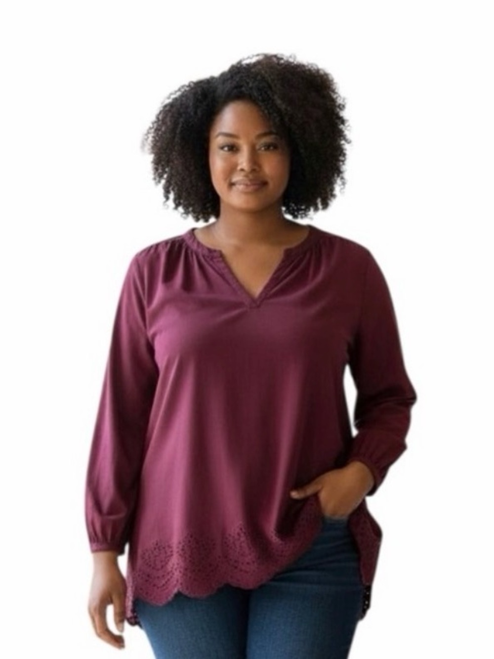 Lane Bryant Long Sleeve Maroon V Neck Blouse with Cut Out Details size 14